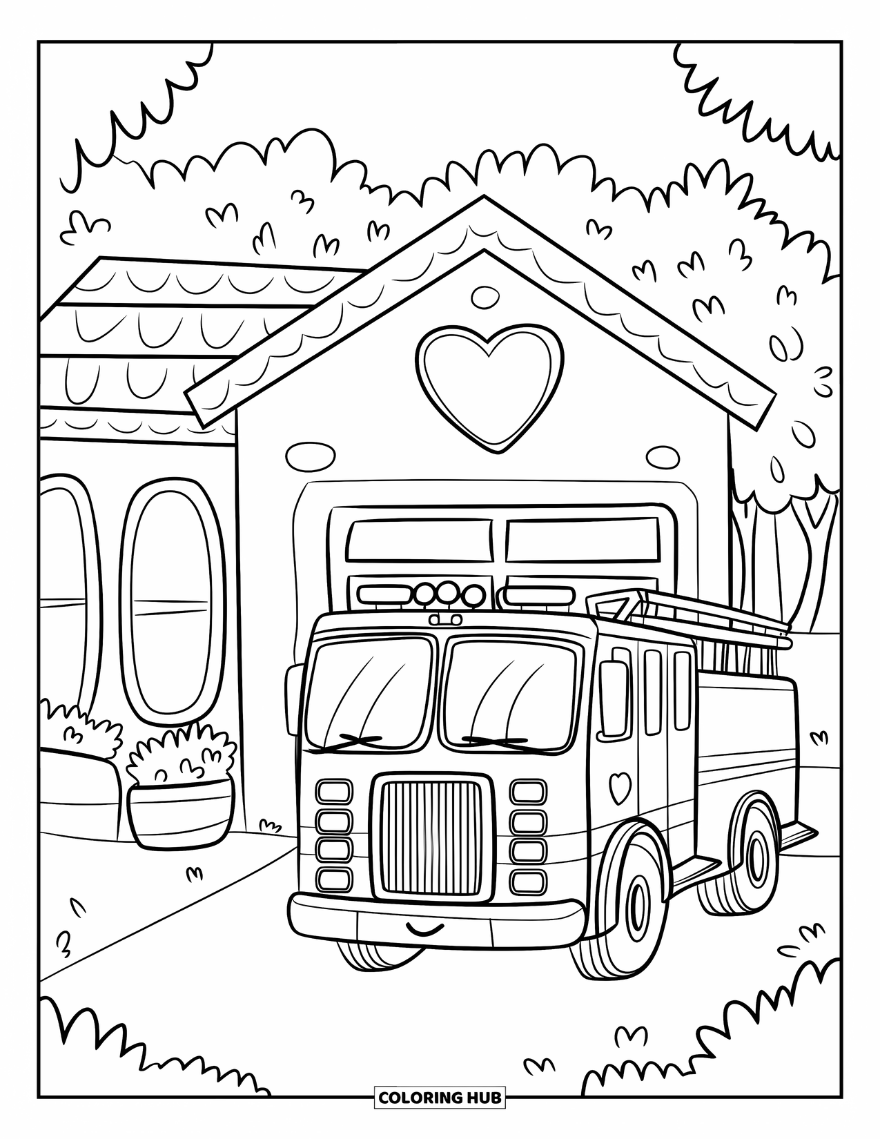 Fire Truck Coloring Page for Adults: A fire truck parked in front of a small fire station with a heart-shaped sign