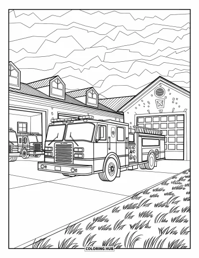 Coloriage de camion de pompiers pour adultes : Un camion de pompiers garé devant une caserne de pompiers de petite ville avec des camions et de l’herbe