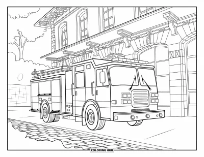 Coloriage de camion de pompiers pour adultes : Un camion de pompiers garé sur un chemin pavé devant une caserne de pompiers
