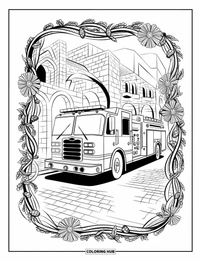 Coloriage de camion de pompiers pour adultes : Un camion de pompiers garé sur une rue pavée, entouré de formes florales et géométriques