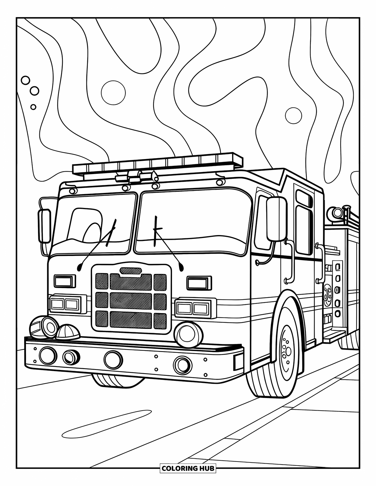 Fire Truck Coloring Page for Adults: A fire truck parked with tools, helmets, and hoses, surrounded by abstract patterns