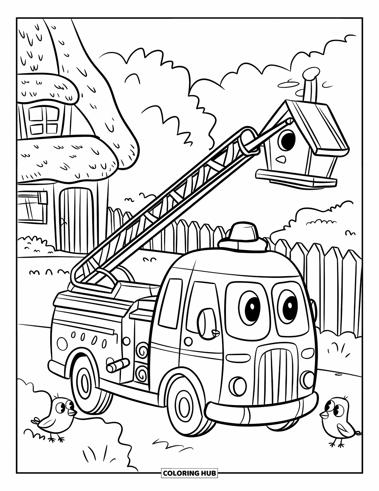 Fire Truck Coloring Page for Adults: A fire truck scene with a ladder, birdhouse, and birds, with a cozy cottage background