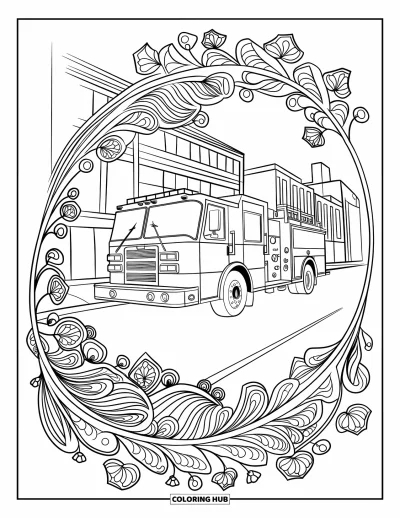 Coloriage de camion de pompiers pour adultes : Un camion de pompiers entouré de motifs floraux et géométriques, garé dans la rue