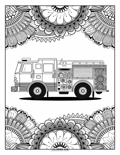 Coloriage de camion de pompiers pour adultes : Un camion de pompiers avec des motifs de mandala, des motifs complexes remplissant la carrosserie et les roues