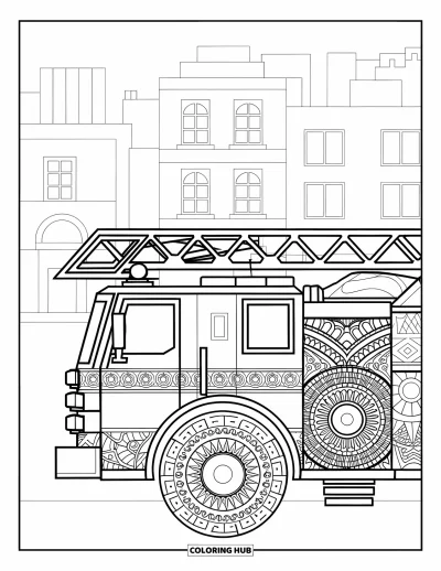 Coloriage de camion de pompiers pour adultes : Un camion de pompiers avec des motifs de mandala, placé sur un fond de rue de la ville