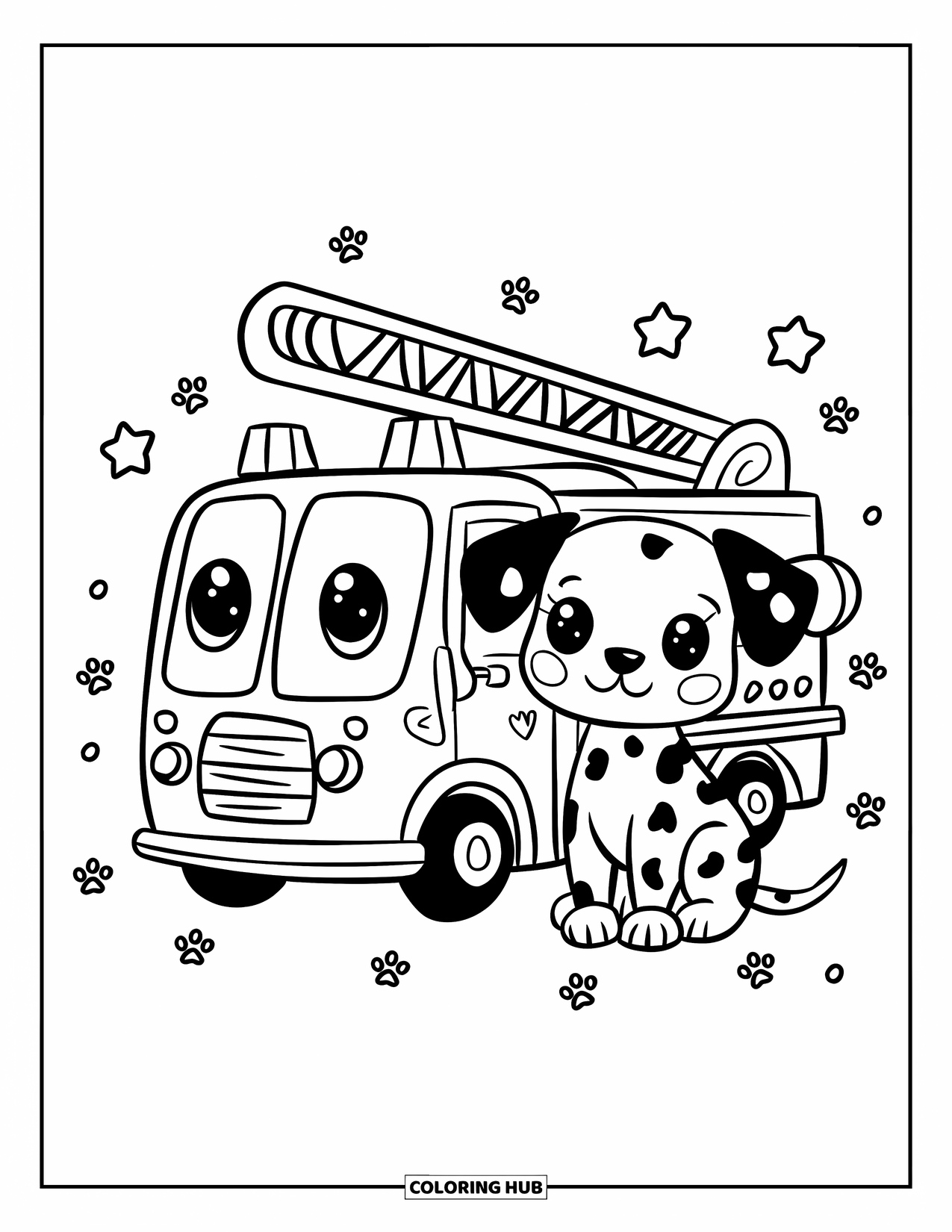 Fire Truck Coloring Page for Adults: A kawaii fire truck and Dalmatian puppy, surrounded by floating stars and paw prints