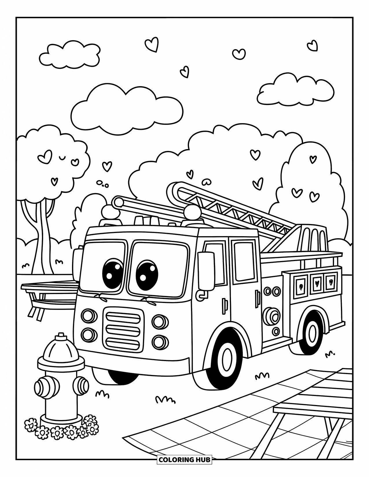 Fire Truck Coloring Page for Adults: A kawaii fire truck in a park near a picnic area with flowers and heart-shaped leaves