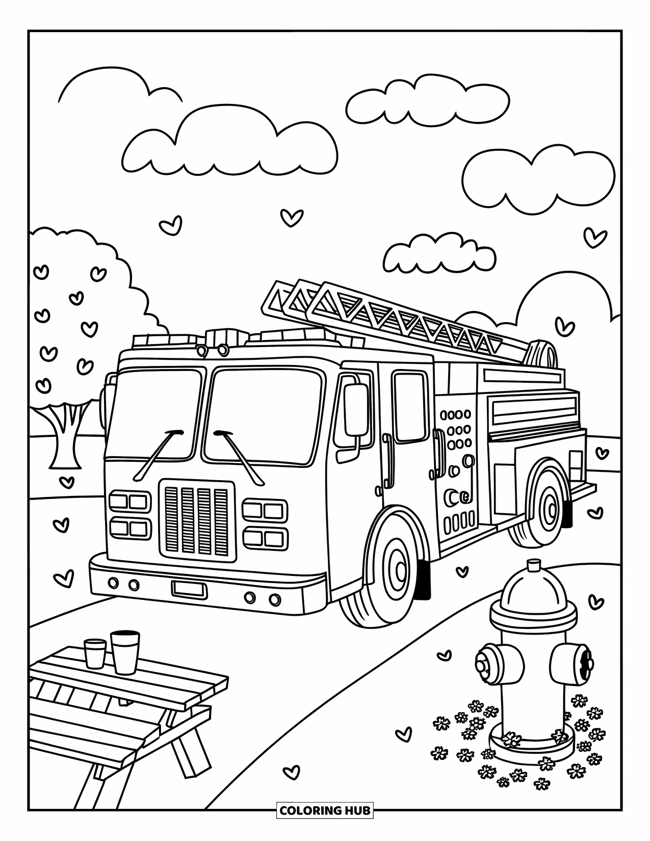 Fire Truck Coloring Page for Adults: A kawaii fire truck in a park, surrounded by flowers and heart-shaped leaves in the sky