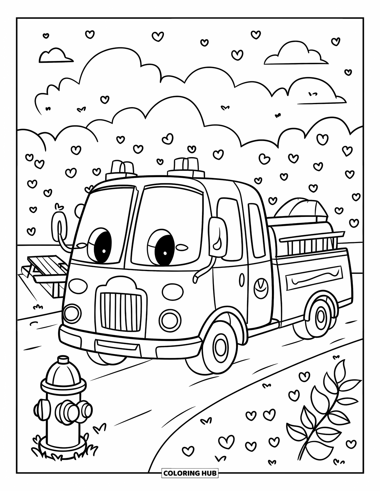 Fire Truck Coloring Page for Adults: A kawaii fire truck in a park with a fire hydrant, flowers, and heart-shaped leaves