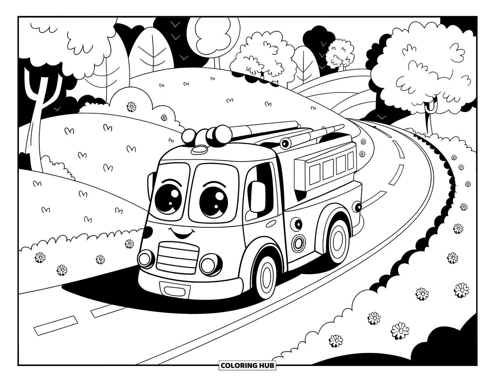 Fire Truck Coloring Page for Adults: A kawaii fire truck with large wheels driving on a winding road through rolling hills