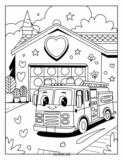 Coloriage de camion de pompiers pour adultes : Un camion de pompiers de style kawaii et un panneau en forme de cœur devant une petite caserne de pompiers