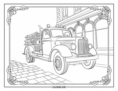 Coloriage de camion de pompiers pour adultes : Un camion de pompiers ancien sur une rue pavée avec des bordures ornées