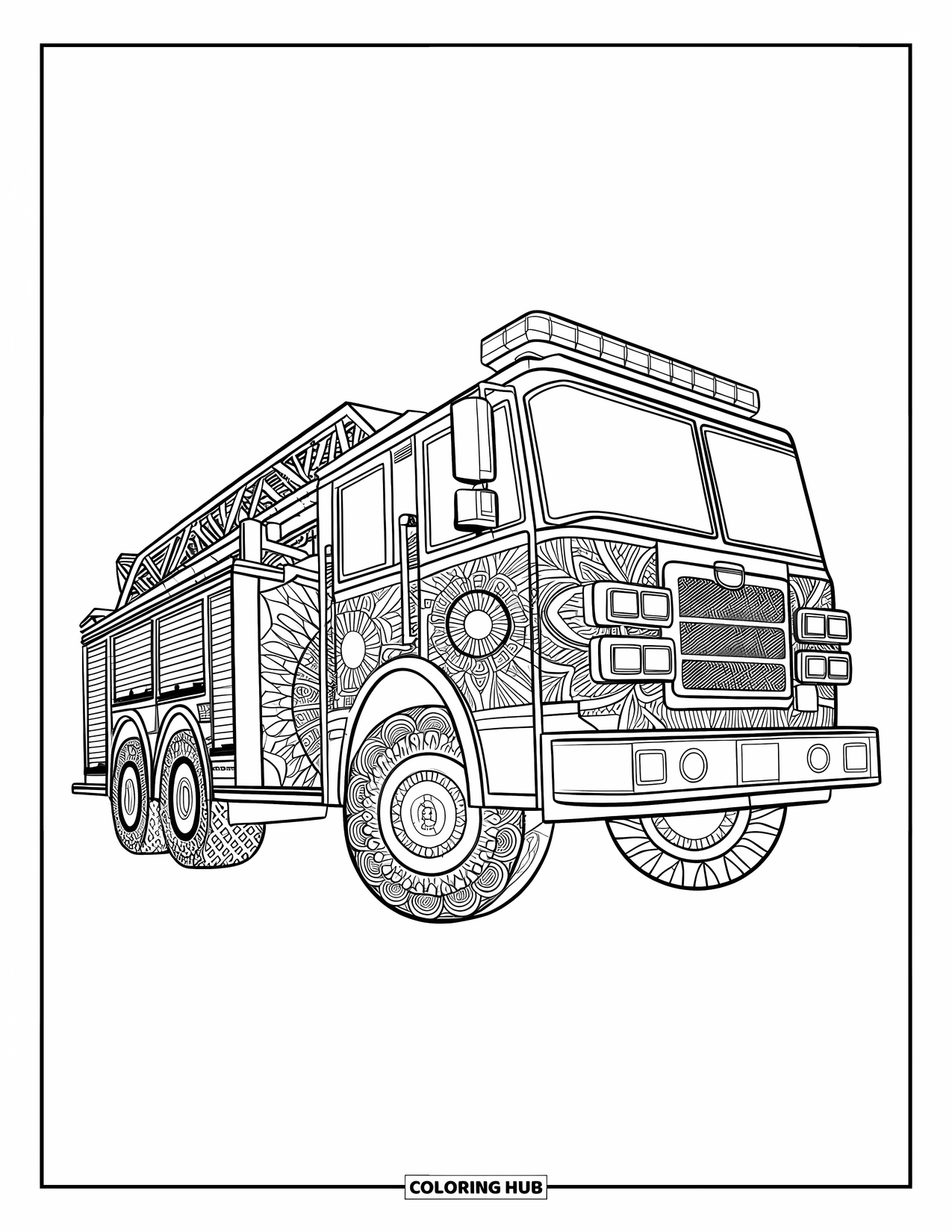 Fire Truck Coloring Page for Adults: An intricate fire truck with mandala-style patterns