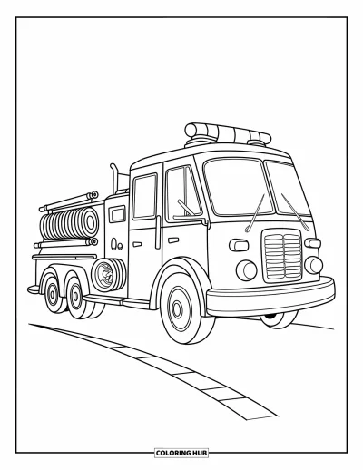 Coloriage de camions de pompiers pour enfants : Un camions de pompiers classique avec un tuyau enroulé et une sirène, garé sur une route avec une ligne jaune