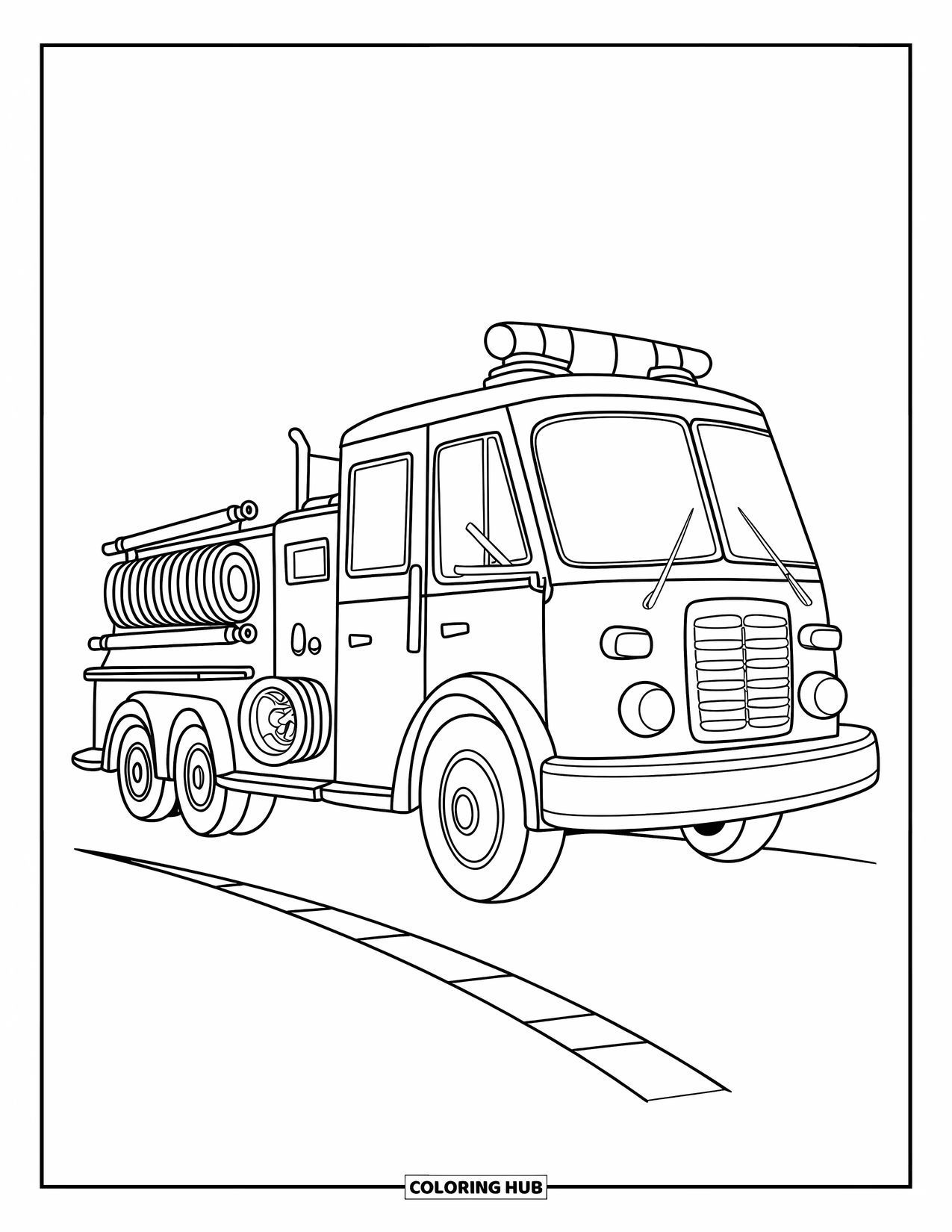 Fire Truck Coloring Page for Kids: A classic fire truck with a coiled hose and siren, parked on a road with a yellow line