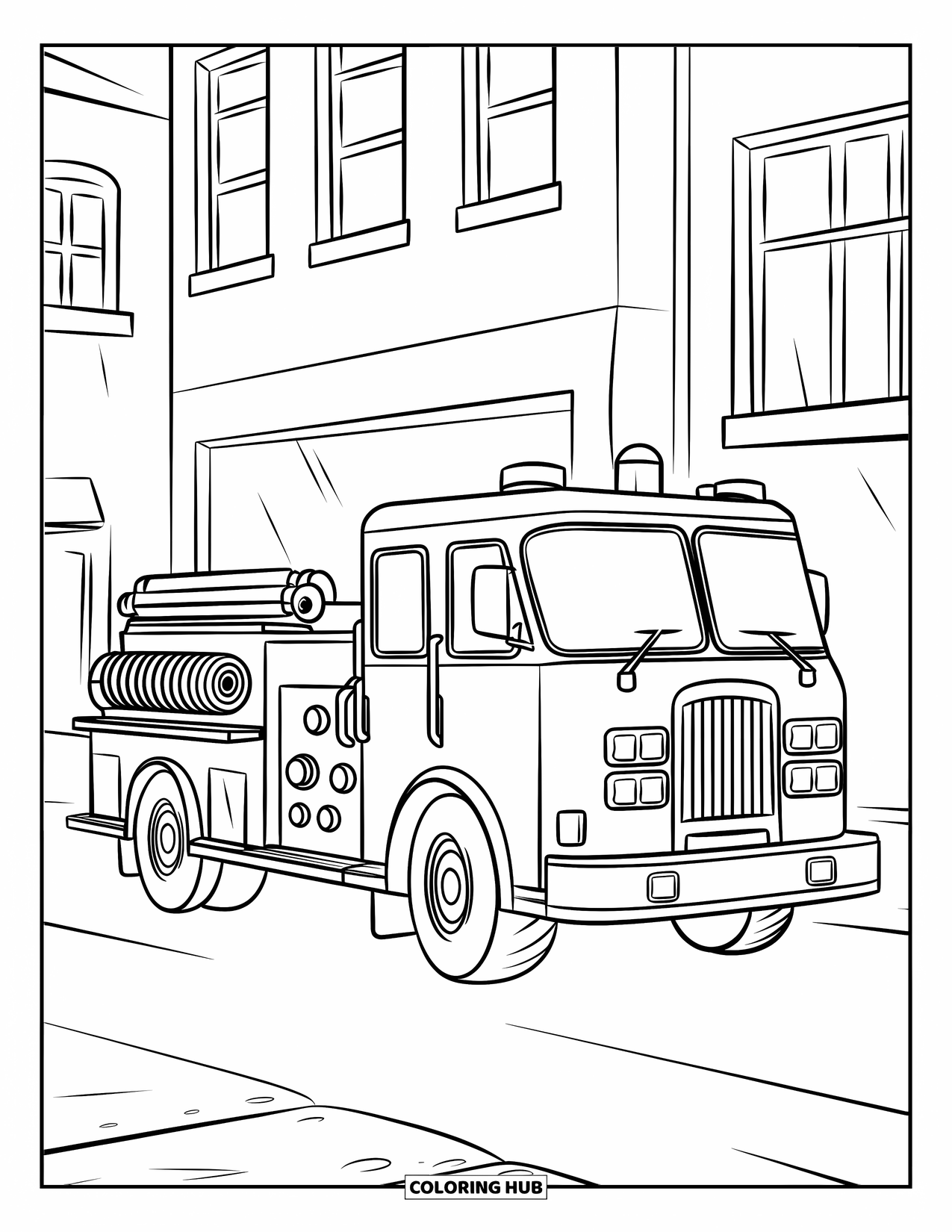 Fire Truck Coloring Page for Kids: A classic fire truck with a coiled hose and siren, parked with buildings in the background
