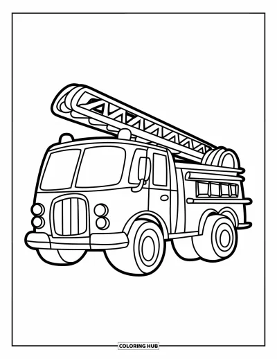 Coloriage de camion de pompiers pour enfants : Un camion de pompiers mignon avec de grandes roues et une échelle sur le dessus, avec une carrosserie rouge et une échelle jaune