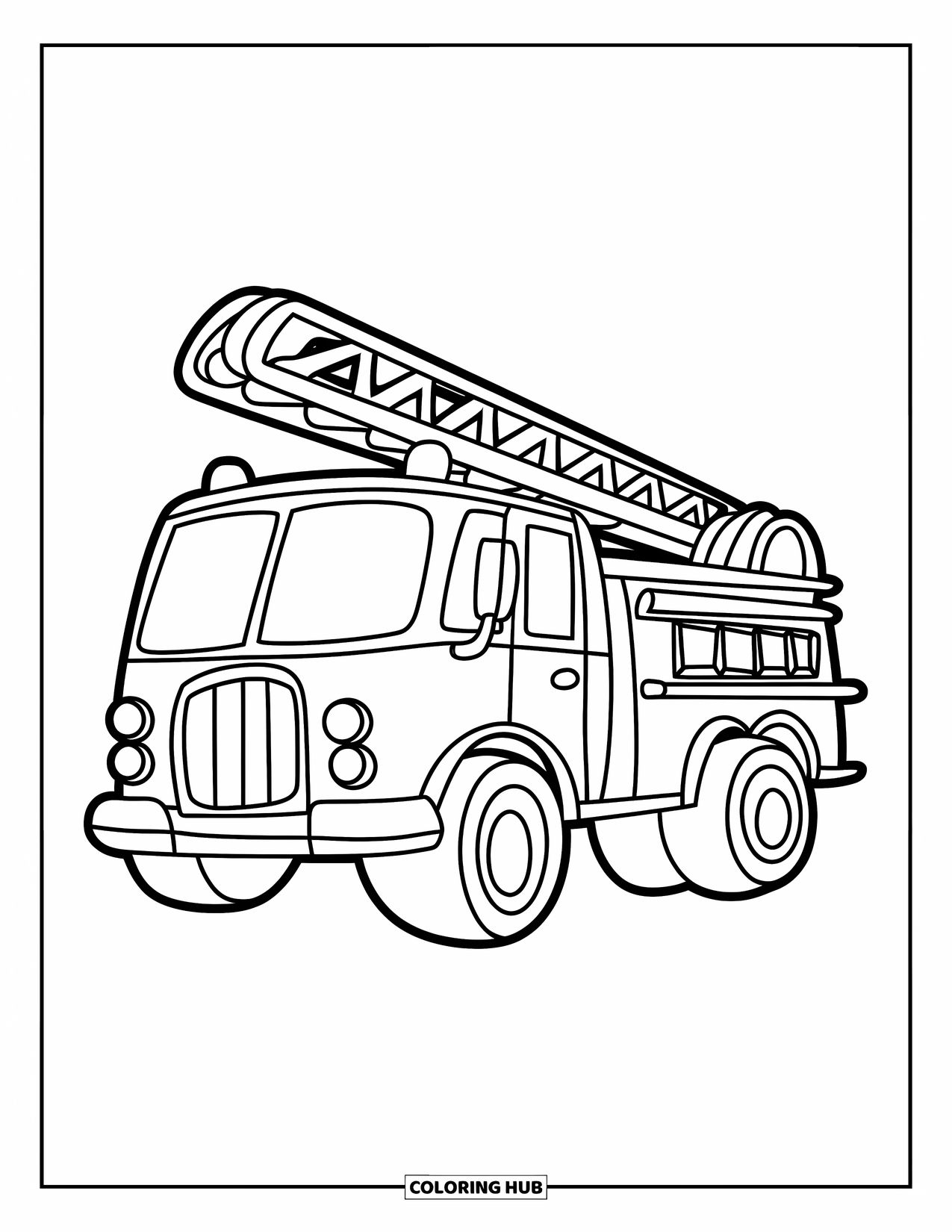 Fire Truck Coloring Page for Kids: A cute fire truck with big wheels and a ladder on top, with a red body and yellow ladder