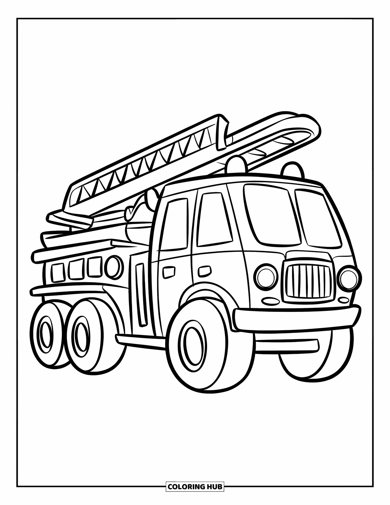 Fire Truck Coloring Page for Kids: A cute fire truck with big wheels and a ladder on top, with clean, bold outlines