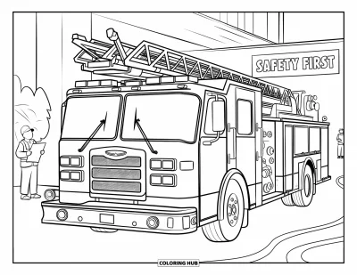 Coloriage de camion de pompiers pour enfants : Un camion de pompiers lors d’une démonstration de sécurité avec des personnes tenant des panneaux