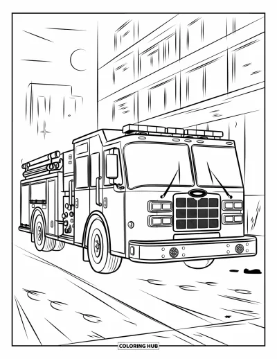 Coloriage de camion de pompiers pour enfants : Un camion de pompiers la nuit avec des sirènes, des lumières et des empreintes de pas sur une rue mouillée