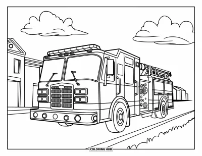 Coloriage de camion de pompiers pour enfants : Un camion de pompiers descendant une rue avec des nuages duveteux et des bâtiments en arrière-plan