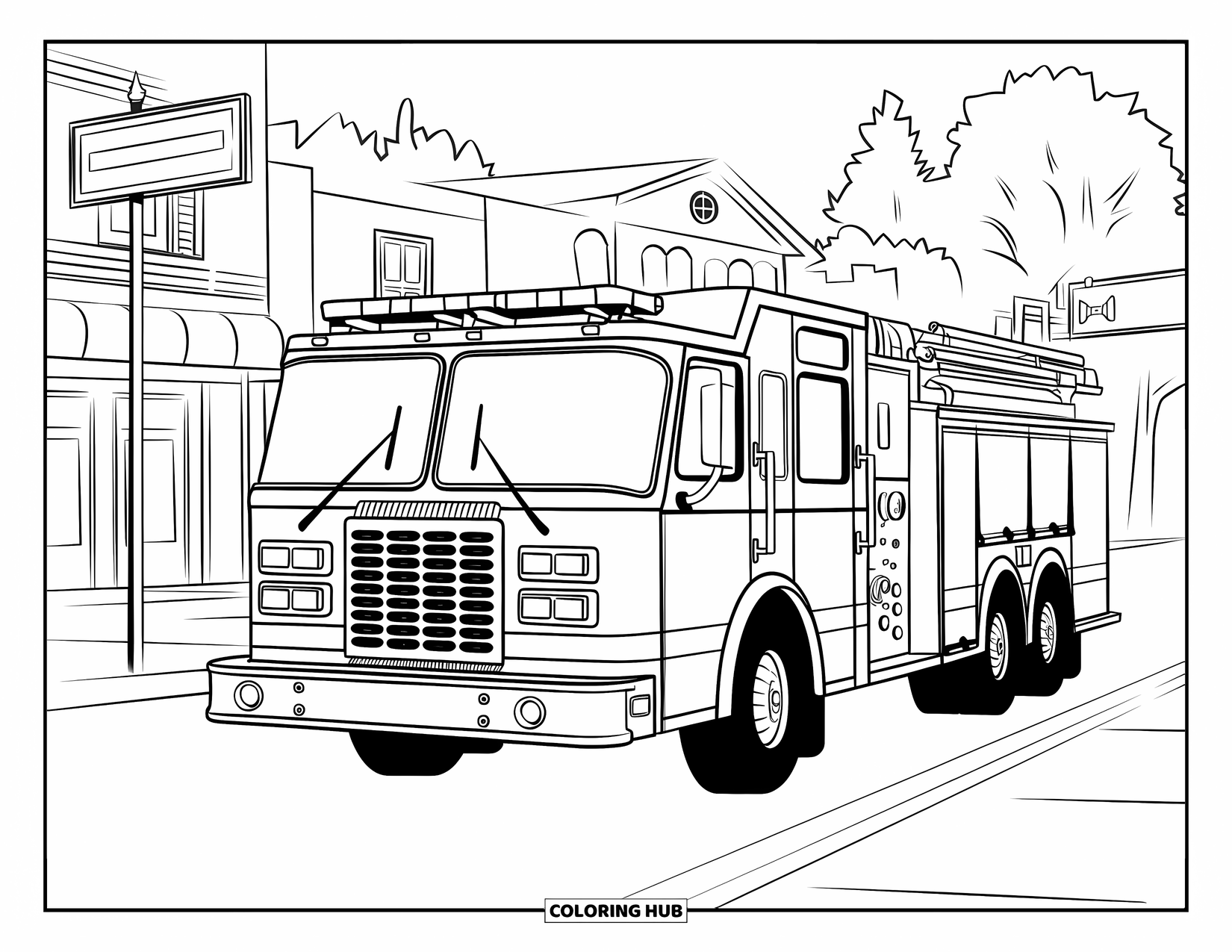 Fire Truck Coloring Page for Kids: A fire truck driving through a small town, passing buildings and trees with street signs