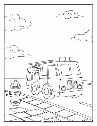 Coloriage de camion de pompiers pour enfants : Un camion de pompiers sur une route vide avec une échelle et une petite fenêtre, près d’une borne d’incendie