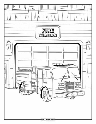 Coloriage de camion de pompiers pour enfants : Un camion de pompiers garé devant une caserne de pompiers avec un panneau « Fire Station » au-dessus de la porte