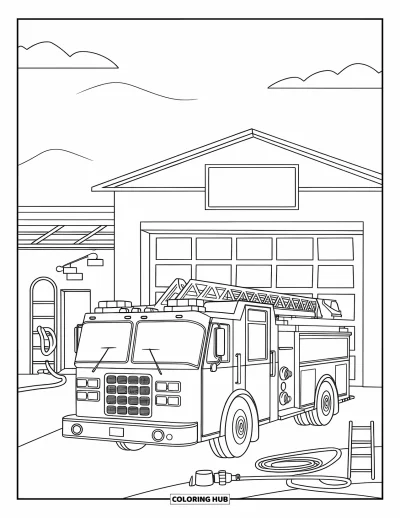 Coloriage de camion de pompiers pour enfants : Un camion de pompiers garé devant une caserne de pompiers avec une échelle, un tuyau et une chaise à proximité