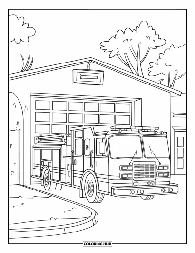 Coloriage de camion de pompiers pour enfants : Un camion de pompiers garé devant une caserne de pompiers simple avec une porte de garage claire