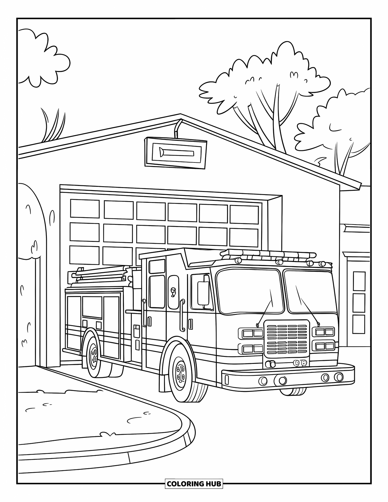 Fire Truck Coloring Page for Kids: A fire truck parked in front of a simple fire station with a clear garage door