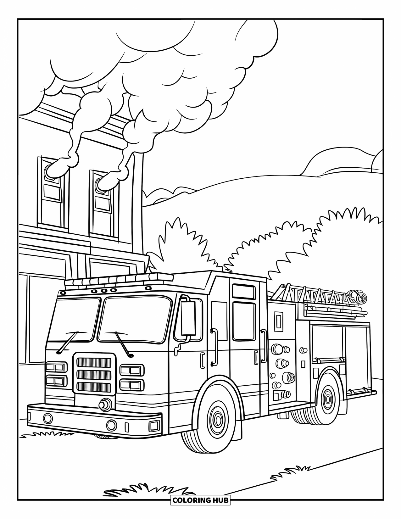 Fire Truck Coloring Page for Kids: A fire truck parked near a building with smoke, ladders, and firefighting equipment