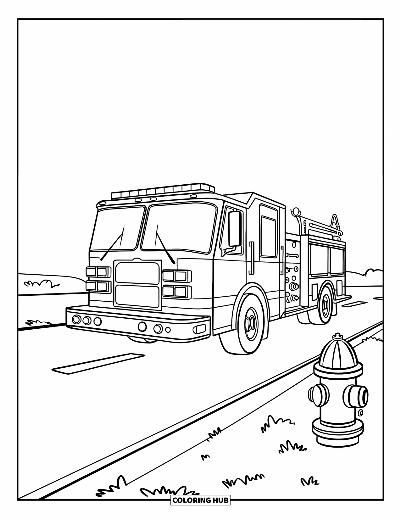 Fire Truck Coloring Page for Kids: A fire truck parked on an empty road with a green fire hydrant, against a white background