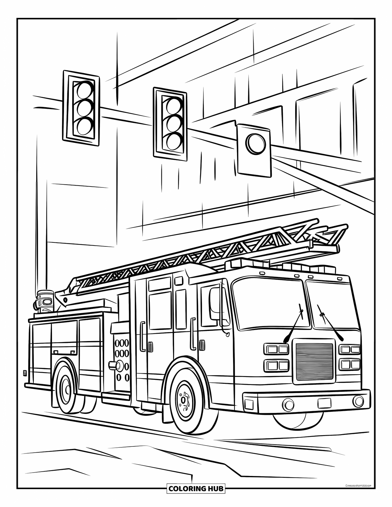 Fire Truck Coloring Page for Kids: A fire truck parked under a green traffic light at an intersection with a building