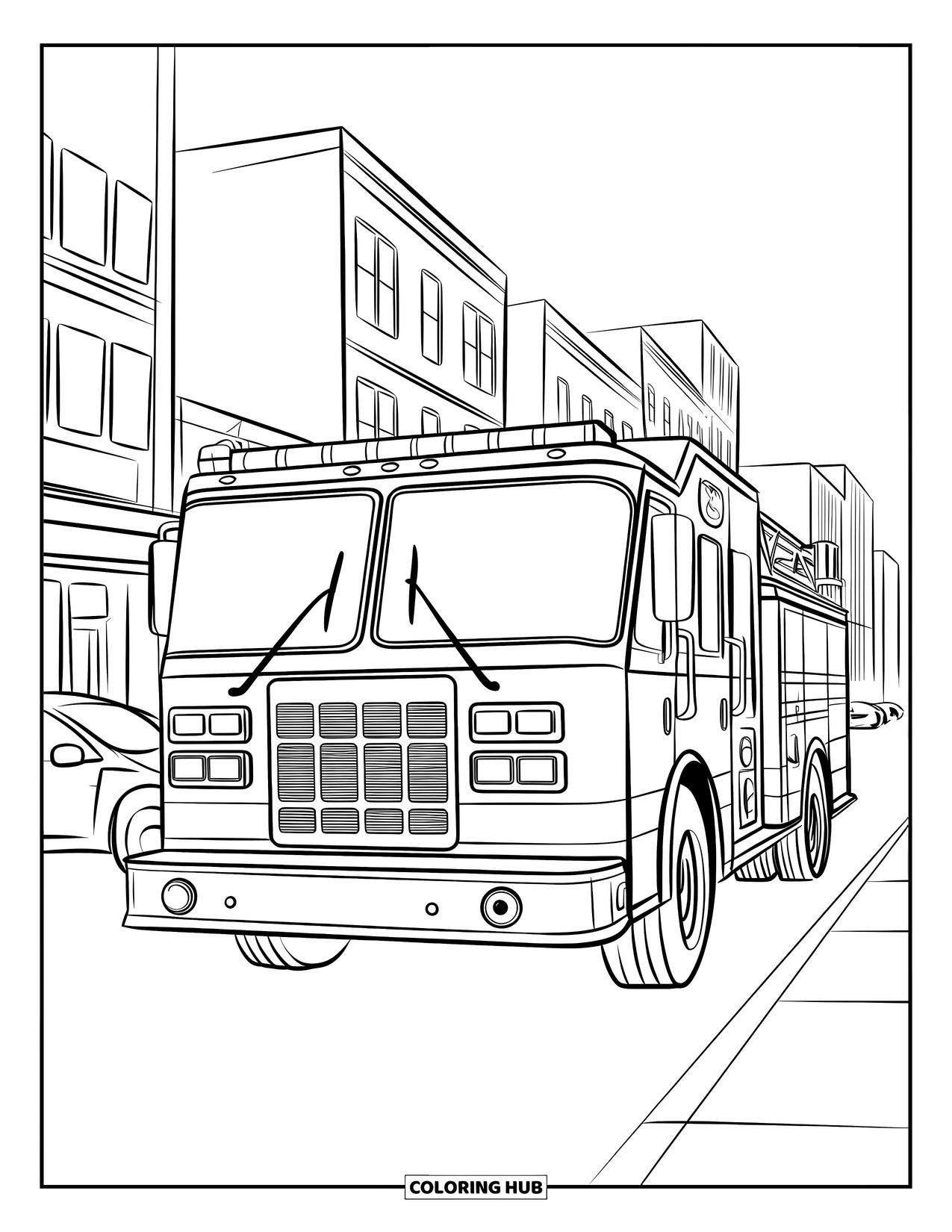 Fire Truck Coloring Page for Kids: A fire truck passing buildings and parked cars on a city street