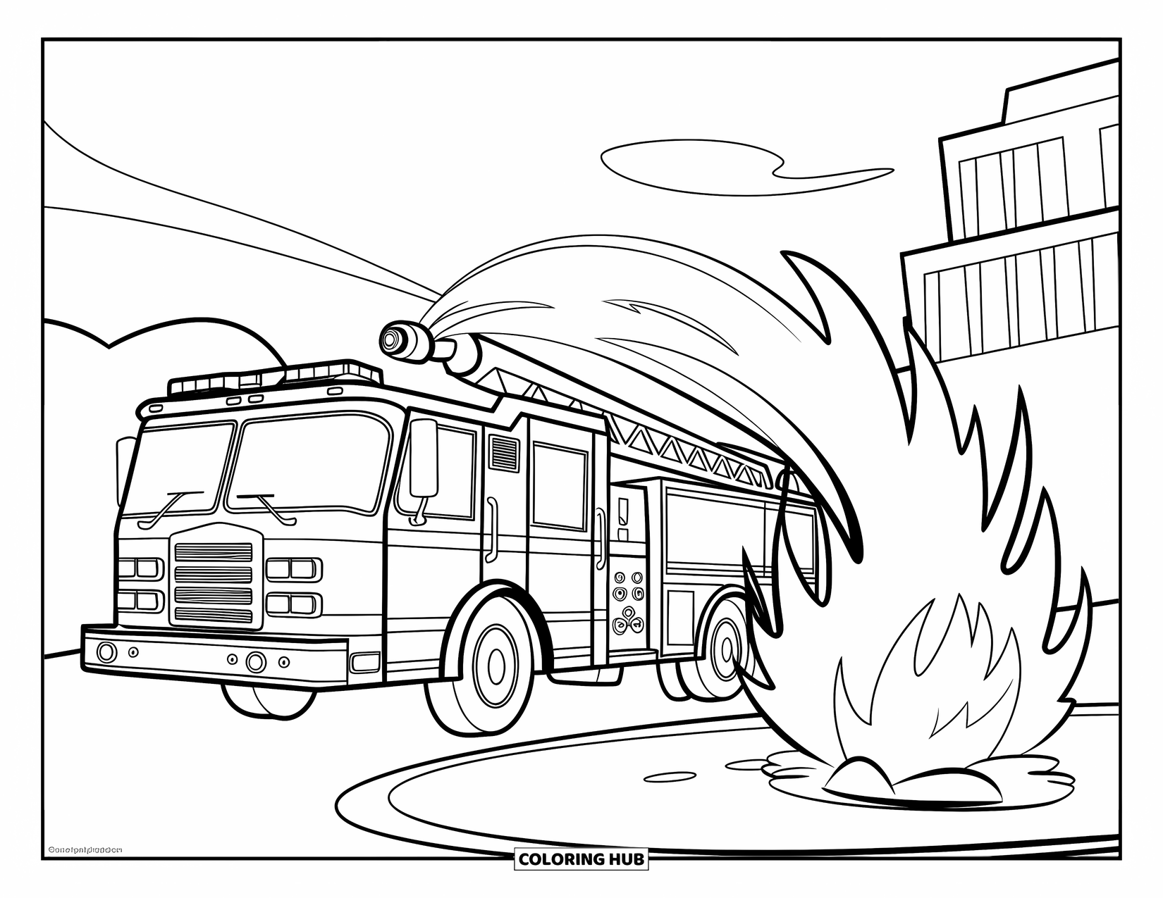 Fire Truck Coloring Page for Kids: A fire truck spraying water on a pretend fire, with simple background elements