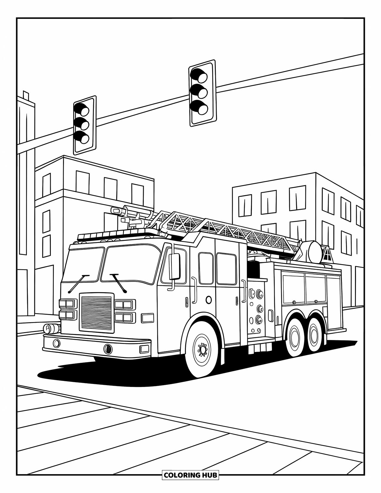 Fire Truck Coloring Page for Kids: A fire truck under a red traffic light at an intersection, with buildings in the background