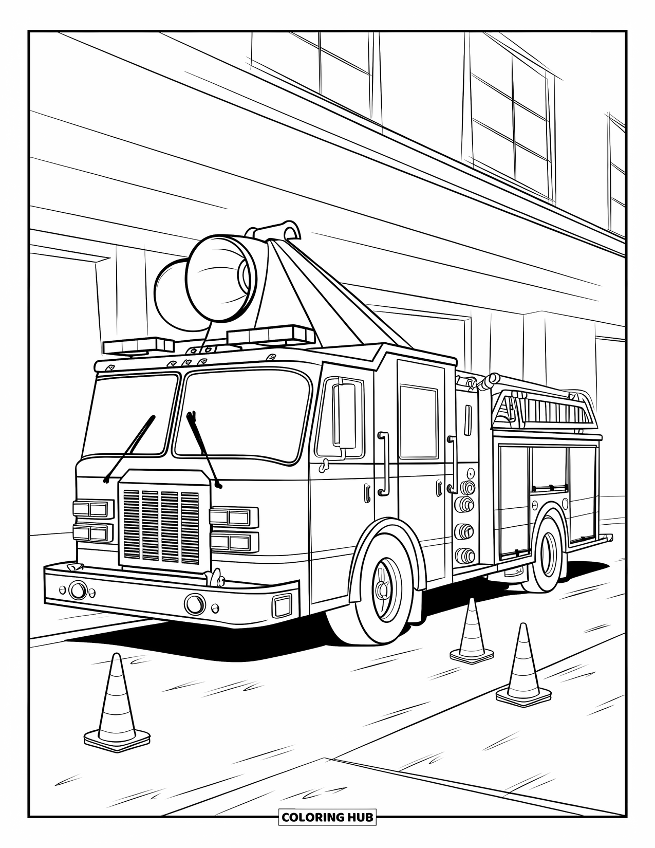 Fire Truck Coloring Page for Kids: A fire truck with a bell on the roof, parked near safety cones and a white wall