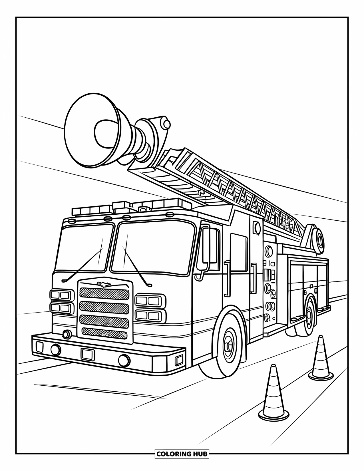 Fire Truck Coloring Page for Kids: A fire truck with a bell on the roof, parked on a street with safety cones nearby