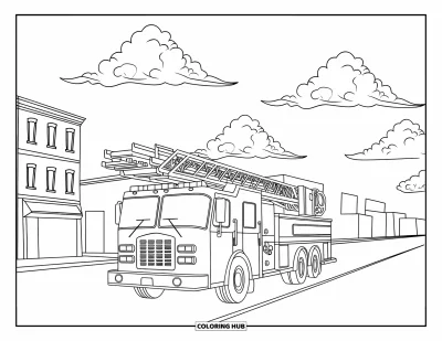 Coloriage de camion de pompiers pour enfants : Un camion de pompiers avec une échelle et des bâtiments en arrière-plan, sous des nuages duveteux dans le ciel