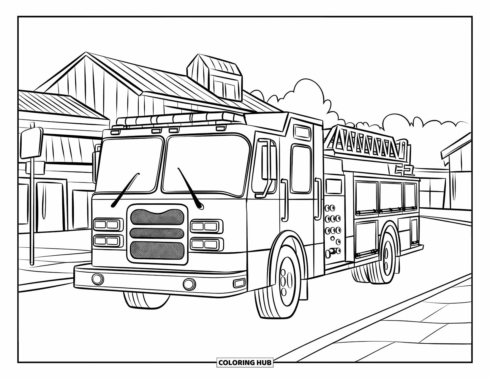 Fire Truck Coloring Page for Kids: A fire truck with a ladder driving through a small town with buildings and street signs