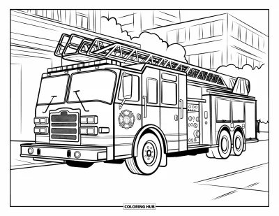 Coloriage de camion de pompiers pour enfants : Un camion de pompiers avec une échelle déployée, garé dans une rue devant un bâtiment