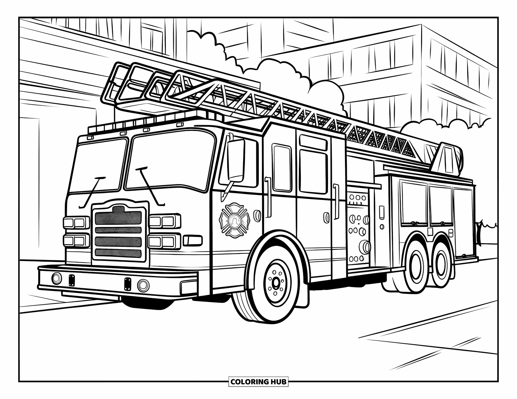 Fire Truck Coloring Page for Kids: A fire truck with a ladder extended, parked on a street in front of a building