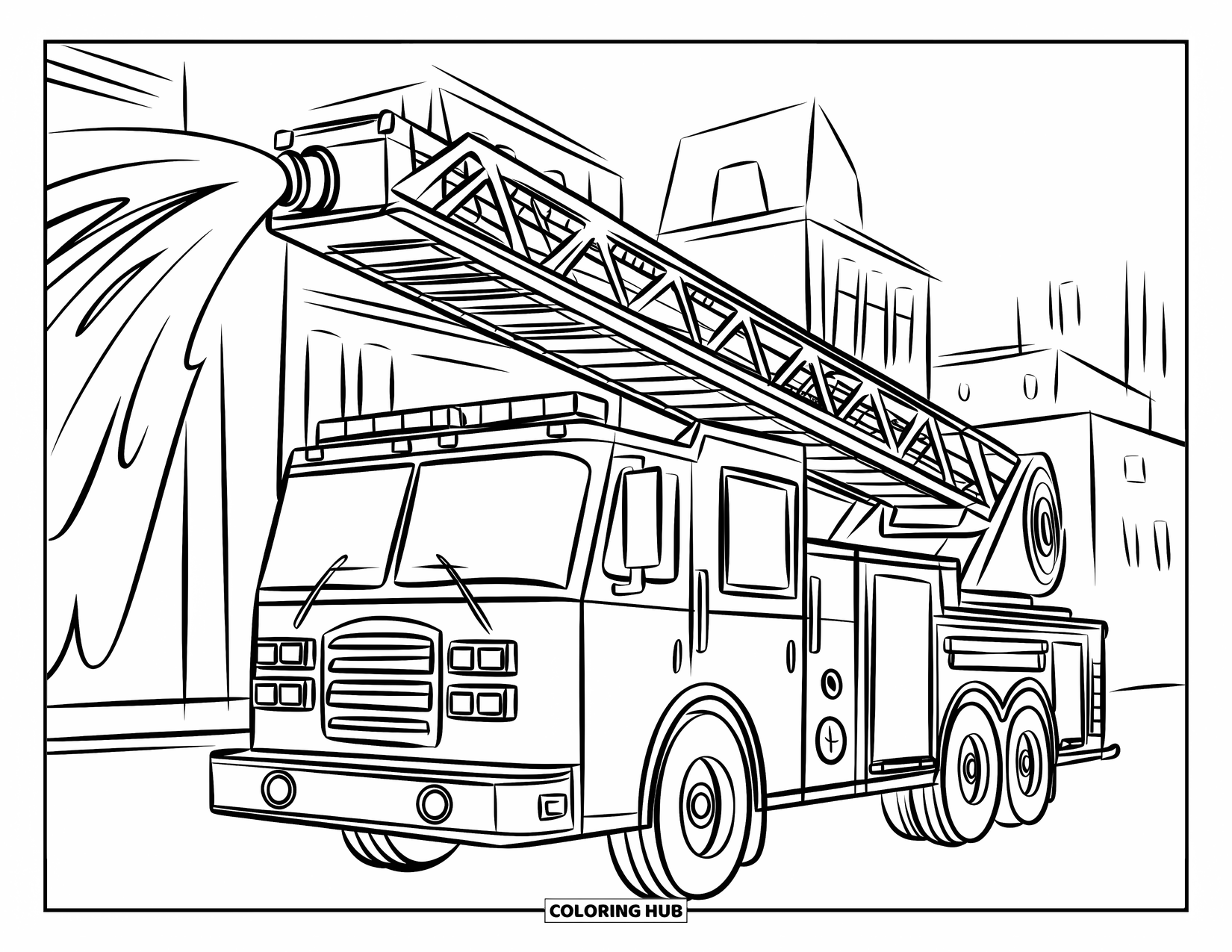 Fire Truck Coloring Page for Kids: A fire truck with a ladder extended, spraying water from the hose in a city setting