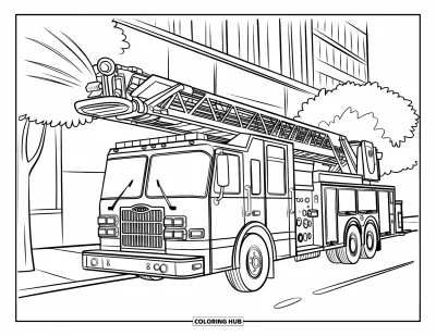 Coloriage de camion de pompiers pour enfants : Un camion de pompiers avec une échelle déployée, pulvérisant de l’eau dans une rue de la ville avec un bâtiment