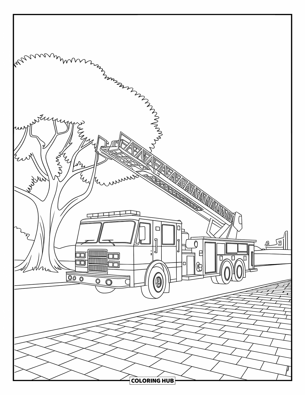 Fire Truck Coloring Page for Kids: A fire truck with a ladder partially extended, parked near a tree with a paved ground