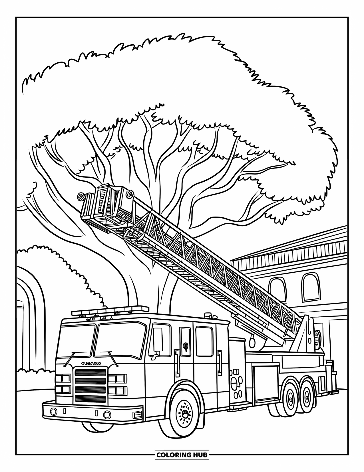 Fire Truck Coloring Page for Kids: A fire truck with a ladder partially extended, reaching a large tree near a building