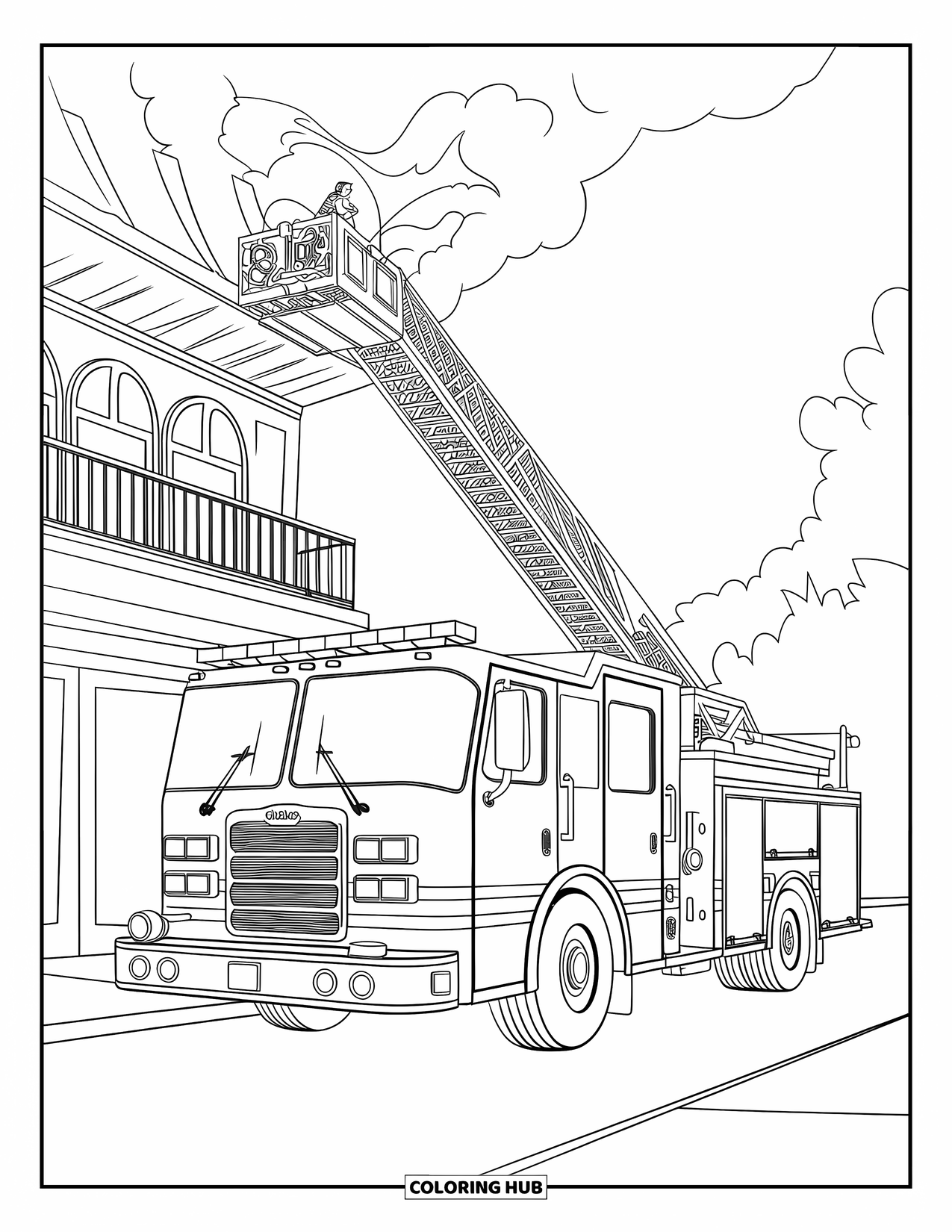 Fire Truck Coloring Page for Kids: A fire truck with a ladder reaching a balcony, with smoke and a rescue scene