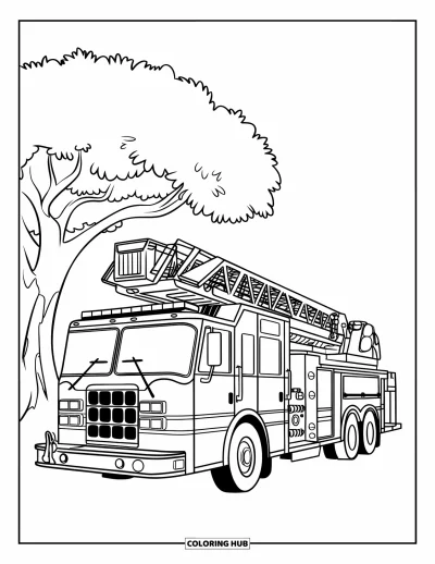Coloriage de camion de pompiers pour enfants : Un camion de pompiers avec une échelle partiellement déployée, amusant pour les élèves du primaire et simple à colorier